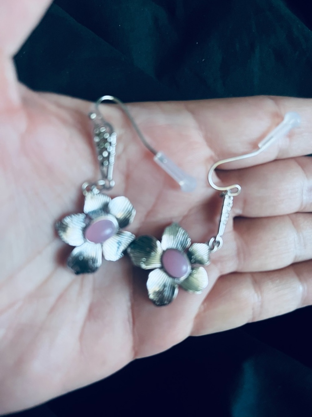 Silver Floral Drop Earrings with Pink Center